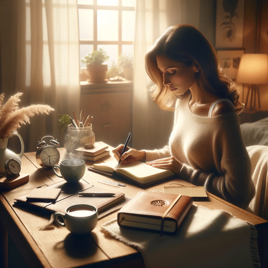 A focused woman journaling at a wooden desk, surrounded by books, a cup of coffee, and writing materials in a softly lit room, exemplifying dedicated goal planning.