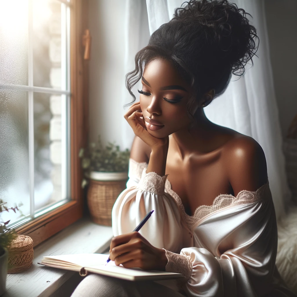 A thoughtful woman engaged in journaling by a frosty window, her expression contemplative, showcasing the intimate moment of setting personal goals.
