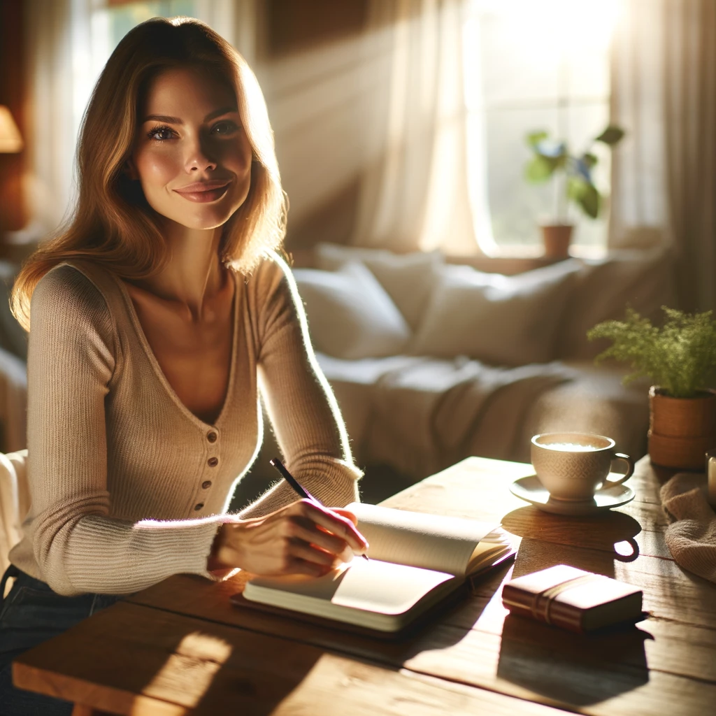 A woman smiling gently while journaling in a warmly lit room, with a cup of coffee and houseplants nearby, symbolizing contemplation and the pursuit of personal goals.