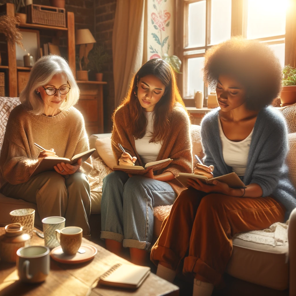 Three women of different ages and ethnicities sitting comfortably together in a cozy, sunlit living room, each deeply engrossed in writing in their own journals, surrounded by warm mugs of tea, highlighting the universality and communal aspect of journaling for personal growth.
