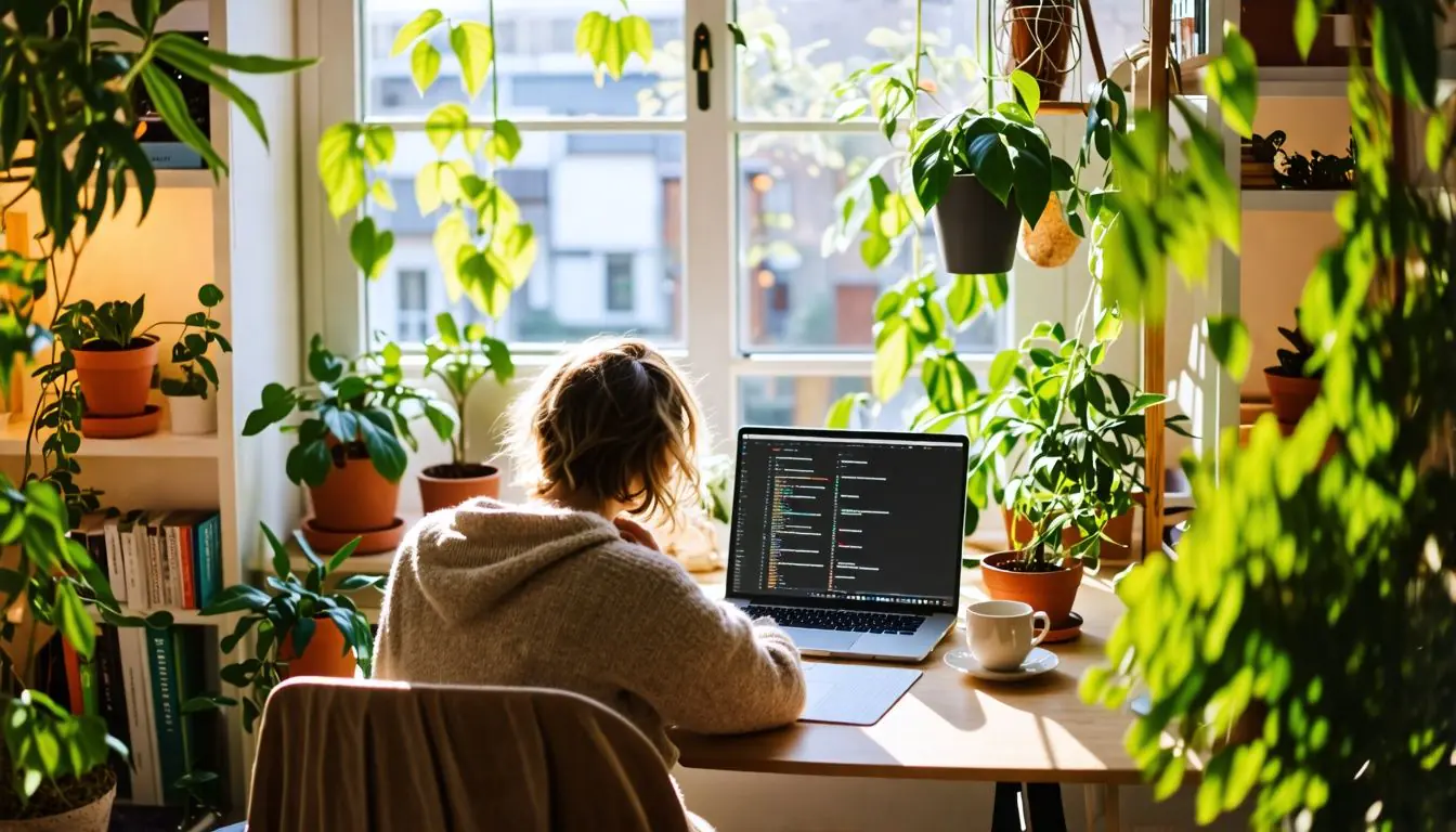 A woman sits at a desk surrounded by lush green plants, working on a laptop in a bright, cozy room. The scene conveys a calm and serene environment, ideal for tackling work or managing stress.