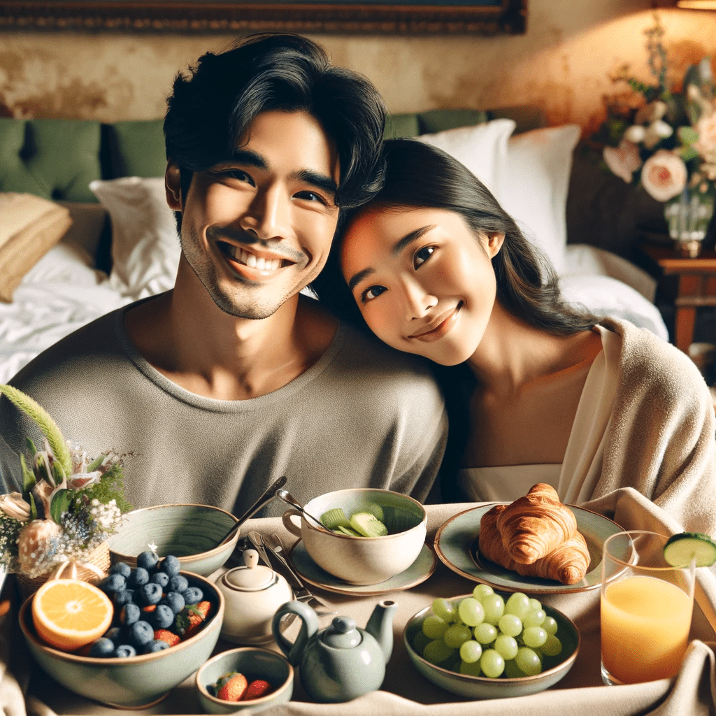 A couple shares a contented moment during a luxurious breakfast in bed, surrounded by a feast of fresh fruits, pastries, and tea, exemplifying 'morning date ideas'. Their joyful smiles and the elegant bedroom decor highlight a perfect intimate morning together.