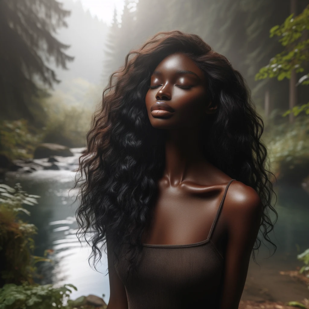 A serene portrait of a woman with eyes closed, set against a tranquil forest and stream backdrop, embodying a sense of peace. The natural setting enhances the theme of inner harmony and the flow of clear and calm communication associated with a balanced throat chakra.