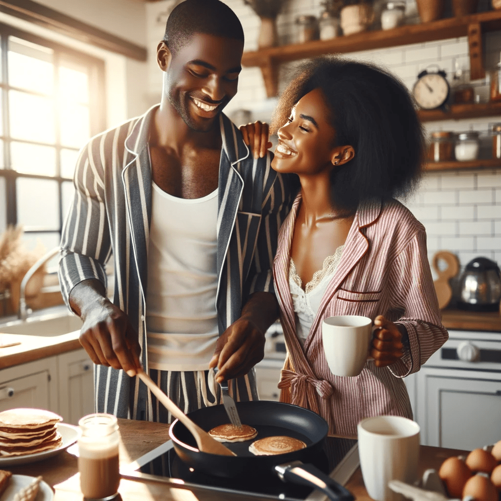 A happy couple engaged in making pancakes together in a sunlit, rustic kitchen, embodying 'morning date ideas'. The man is flipping pancakes on a skillet while the woman, holding a mug, looks on with a smile, creating a warm, affectionate atmosphere.