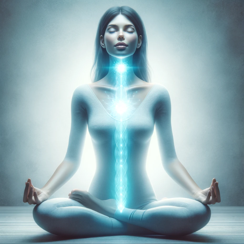 Artistic rendering of a woman in a meditative pose with a glowing blue light at her throat, symbolizing throat chakra activation via powerful throat chakra affirmations. The serene ambiance and focused energy visually support the concept of harmonizing the throat chakra through meditation and affirmation practices.