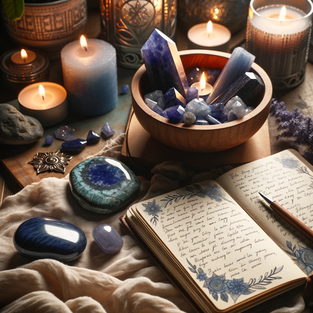 A serene setting featuring a collection of third eye chakra crystals such as lapis lazuli and sodalite, arranged amidst lit candles, an open journal with handwritten notes, and a sun emblem. The warm, inviting ambiance enhances the spiritual theme related to meditation and chakra healing.