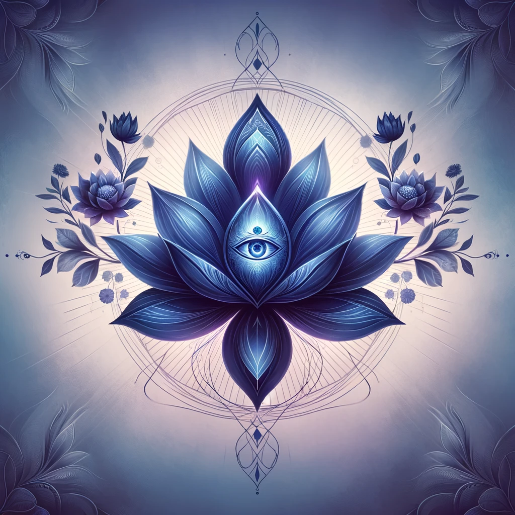 A digital illustration of a stylized indigo lotus with an intricately detailed third eye at its center, surrounded by symmetrical floral motifs and geometric patterns. The artwork embodies themes related to the third eye chakra, often associated with intuition and clarity of thought.