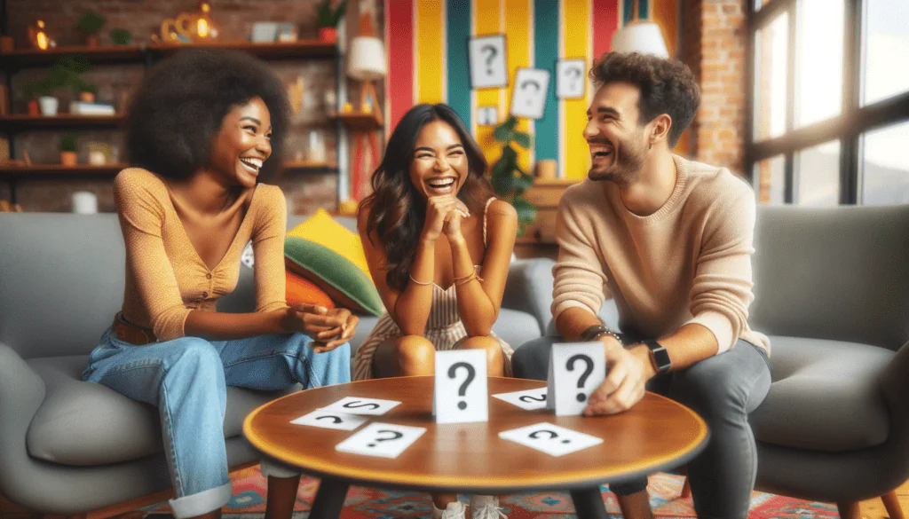 Three friends sit around a coffee table, laughing and holding cards with question marks on them. The colorful, vibrant room features playful decor and bright pillows, creating a lively atmosphere. This image accompanies a blog post titled '125 Spicy Hot Seat Questions to Get to Know Each Other,' focusing on good hot seat questions.