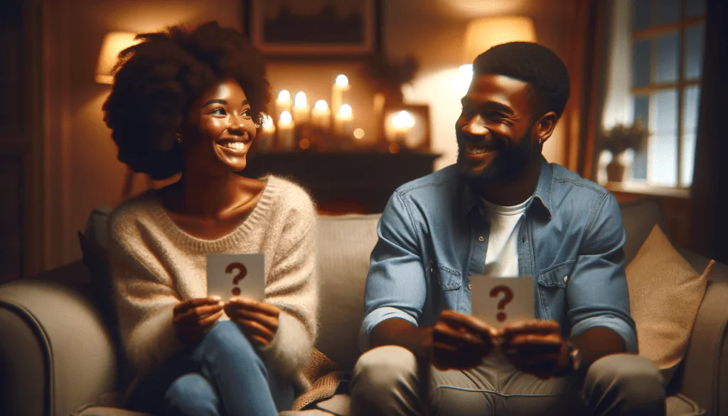 A smiling couple sits on a cozy sofa, each holding a card with a question mark on it. The warm, inviting room is softly lit with candles in the background, creating a relaxed atmosphere. This image accompanies a blog post titled '125 Juicy Hot Seat Questions to Get to Know Each Other,' focusing on the best hot seat questions.