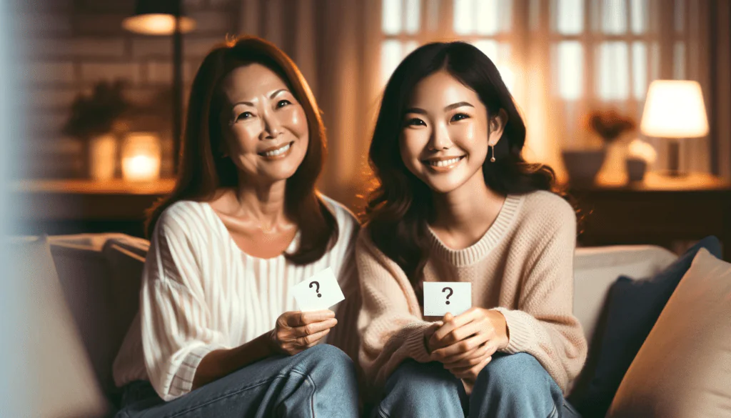 A mother and a daughter sit together on a sofa, both smiling warmly while holding cards with question marks on them. The setting is cozy and softly lit, creating an inviting atmosphere. This image accompanies a blog post titled '125 Juicy Hot Seat Questions to Get to Know Each Other,' emphasizing various engaging and fun hot seat questions.