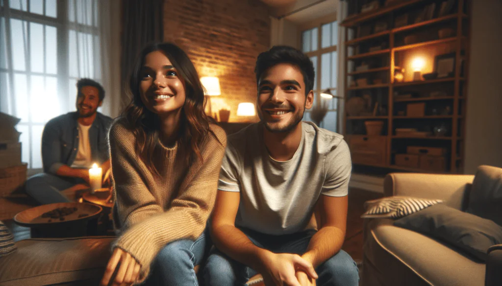 A group of friends sit together in a warmly lit living room, smiling and enjoying a relaxed evening. Two people are seated on a couch in the foreground, while another person sits in the background by a lit candle. This image accompanies a blog post featuring the hot seat game designed to help people get to know each other better.