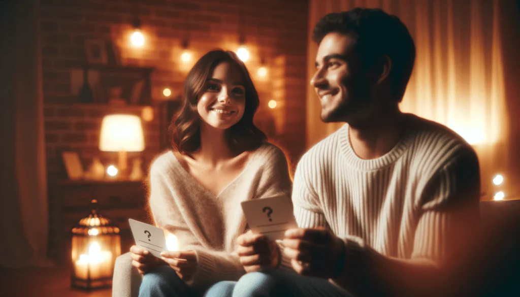A smiling couple sits together in a warmly lit room, each holding a card with a question mark on it. The background features cozy decor with soft lighting and candles. This image accompanies a blog post featuring funny hot seat questions designed to help people get to know each other better.