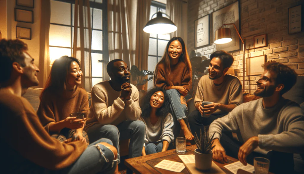 A group of friends sit in a cozy, warmly lit living room, engaging in animated conversation and laughter. They are gathered around a coffee table with cards and glasses, enjoying each other's company in a relaxed atmosphere. This image accompanies a blog post featuring a list of hot seat questions to help people get to know each other better.