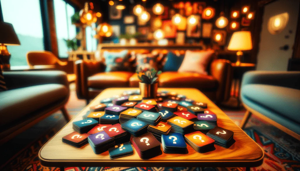A coffee table in a stylish, warmly lit living room is covered with stacks of colorful cards, each displaying a question mark. The cozy setting features modern decor and inviting seating. This image accompanies a blog post titled '125 Juicy Hot Seat Questions to Get to Know Each Other,' highlighting various types of  hot seat questions.