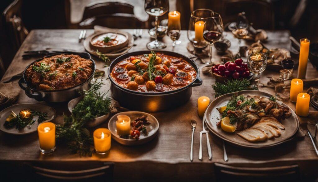 An elegant dinner table set for two, glowing under the warm light of candles, with a spread of gourmet dishes including a pie, a tomato-based entrée with meatballs, roasted poultry, and fresh greens, encapsulating 'date night ideas at home' with a culinary twist.