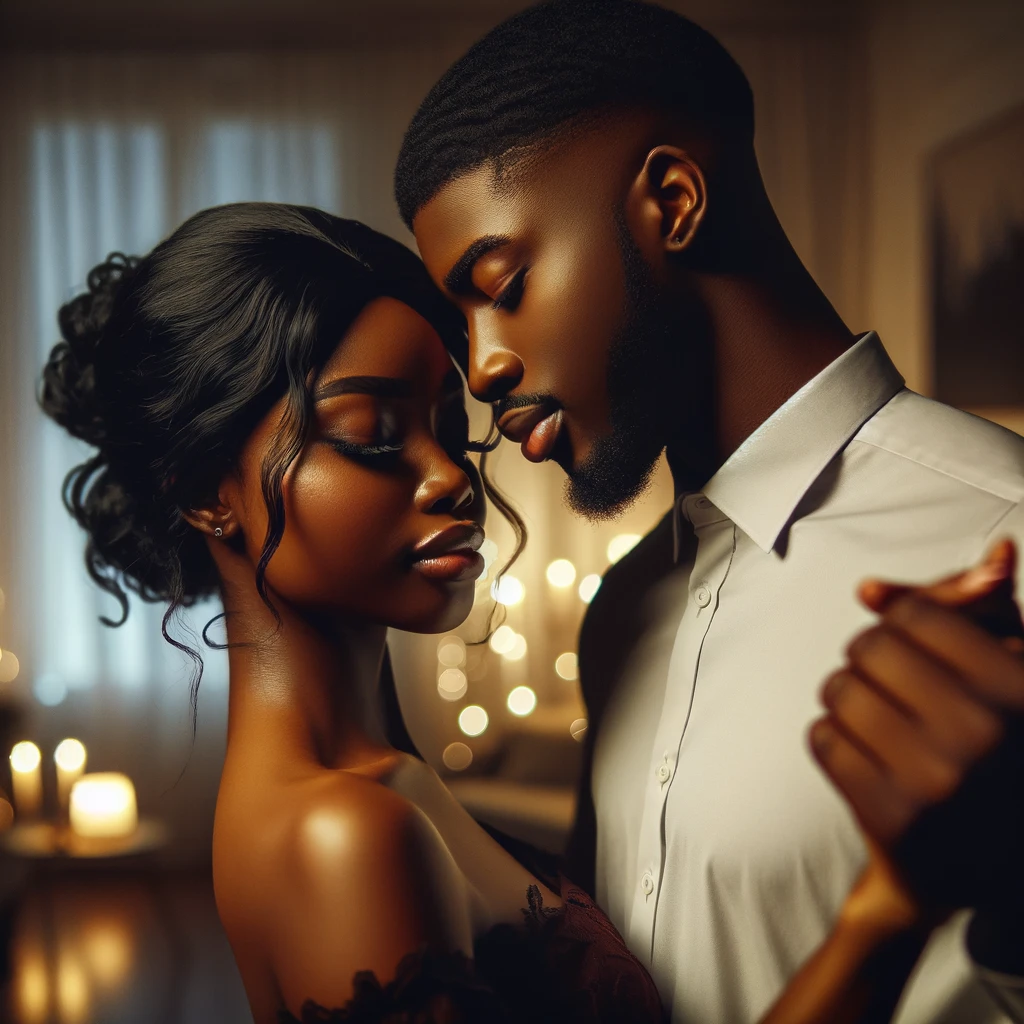 An intimate moment between a couple during a romantic date night at home, where they are dancing close to each other. The room's ambiance is set by soft lighting and candles in the background, creating a perfect setting for 'date night ideas at home'.