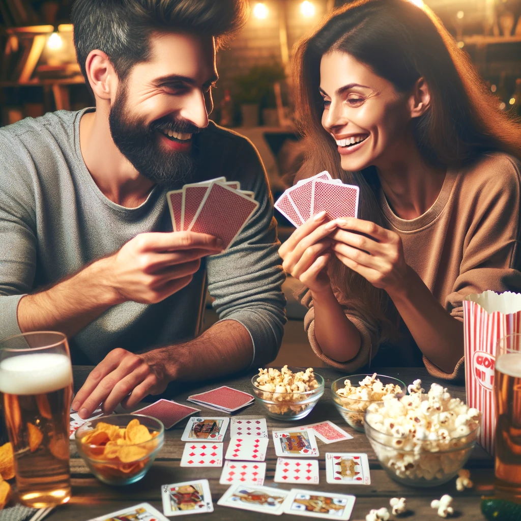 A couple enjoys a playful game night at home, with a spirited card game in progress, laughter evident on their faces. The table is set with snacks like popcorn and chips, drinks, and a scattered array of playing cards, encapsulating a fun 'date night ideas at home' theme.