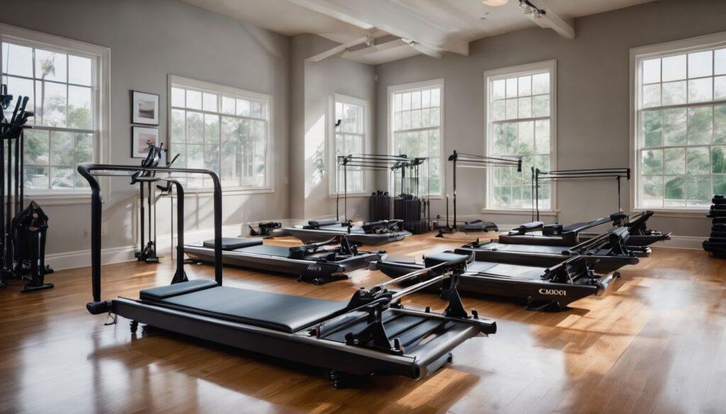 A serene pilates studio filled with reformer machines, showcasing a bright and spacious room with hardwood floors, large windows letting in natural light, and equipment designed to support muscle building through pilates exercises. The setting conveys an ideal environment for strengthening and toning workouts.