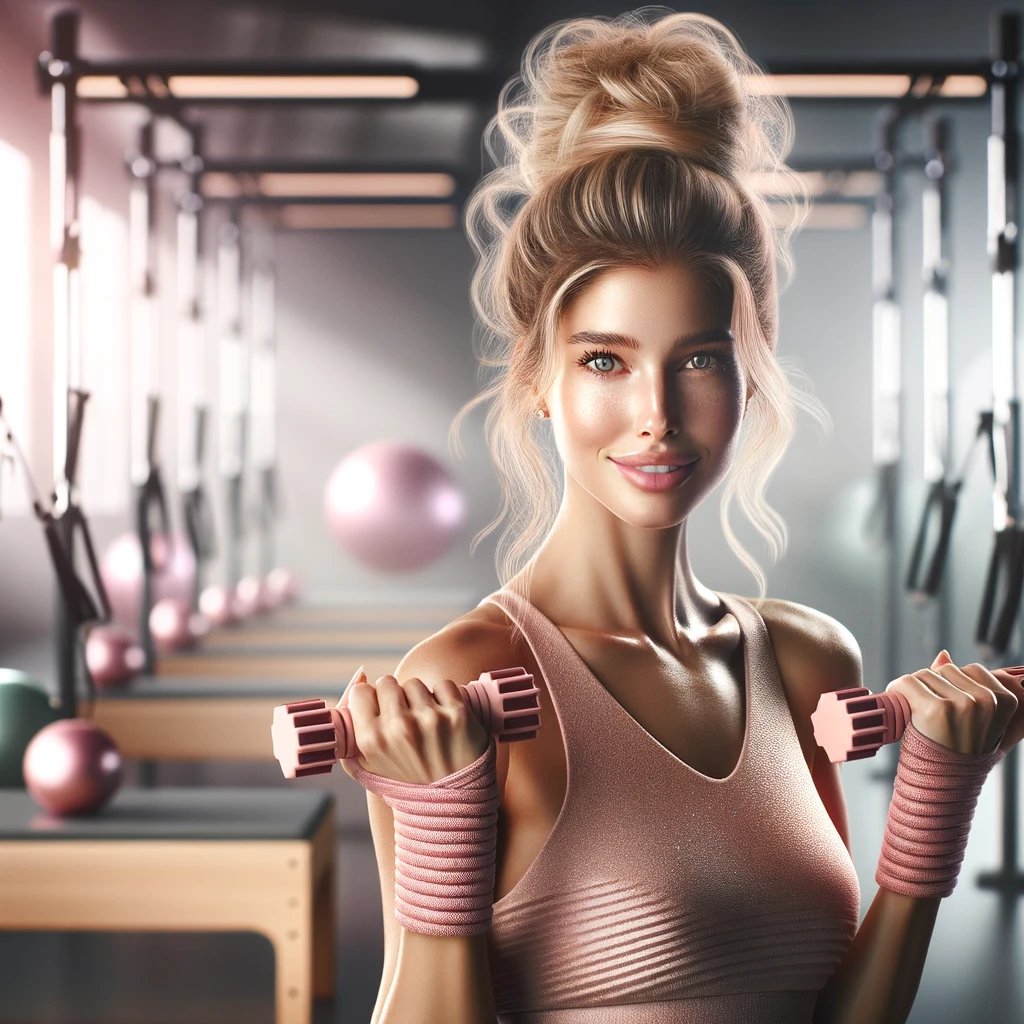 A radiant woman with an updo hairstyle is performing a strength training exercise with pink wrist weights in a pilates studio, surrounded by pilates equipment. Her confident smile and active pose illustrate the integration of traditional strength training with pilates to enhance muscle building.