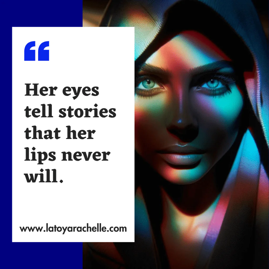 A striking image of a woman bathed in a spectrum of colored lights, creating a visually intriguing effect that complements the dark feminine energy theme. The featured quote says, 'Her eyes tell stories that her lips never will,' which accentuates the mystery and depth often associated with the concept of the dark goddess.