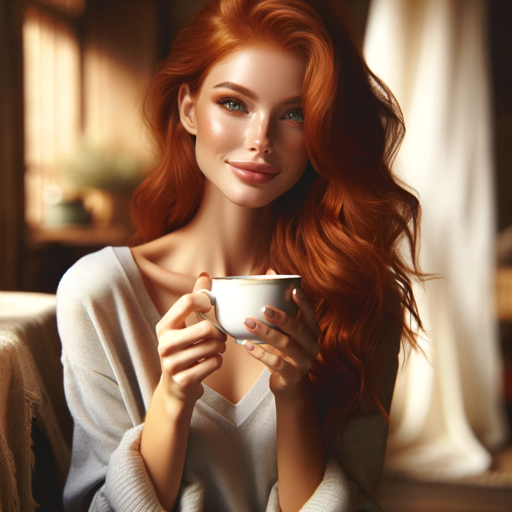 Animated image of a woman with radiant red hair and a serene smile, holding a cup of tea. This scene conveys glow up tips related to wellness rituals, suggesting the benefits of detox teas for beauty and health.