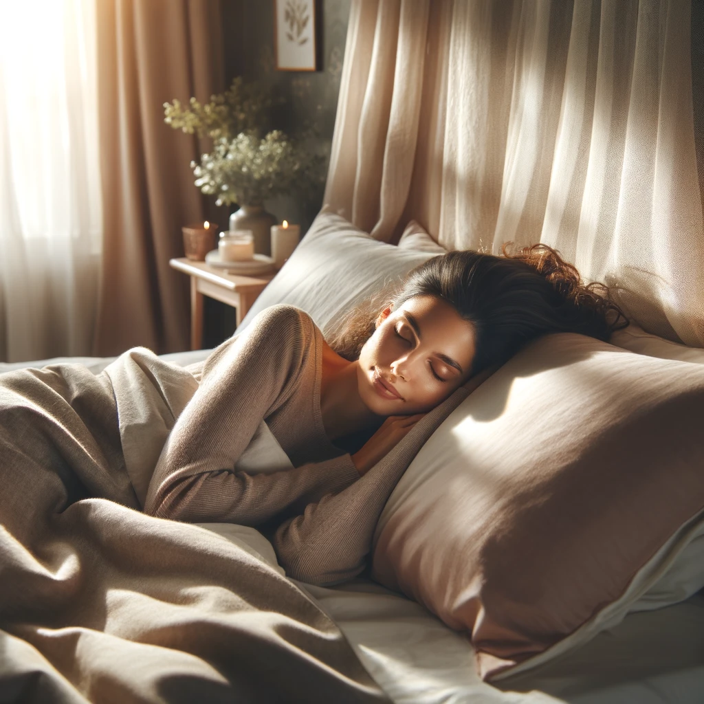 A serene woman sleeps in a sunlit room, the gentle morning light highlighting her peaceful face. This image embodies the glow up tip of getting enough rest to maintain a healthy and radiant complexion.