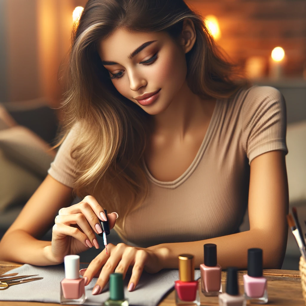 A woman is engaged in self-care, applying nail polish from a selection of colors, emphasizing the glow up tip of getting regular manicures to maintain a polished and elegant appearance.