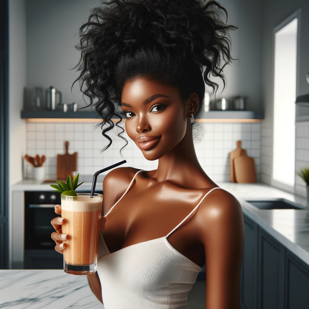 image of a woman with radiant skin and an elegant updo, holding a fresh smoothie in a modern kitchen setting, perfectly embodying glow up tips for a healthy lifestyle and beauty routine