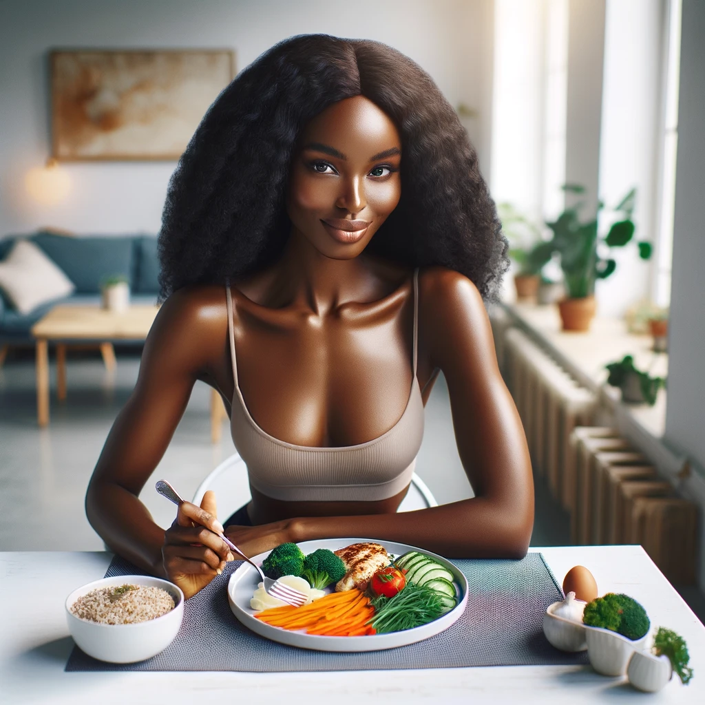 Image of a woman with a glowing complexion, smiling while about to enjoy a balanced meal with vegetables and protein. Reflecting glow up tips, the image promotes the importance of a healthy diet for maintaining natural beauty and vitality.