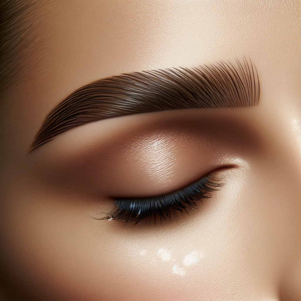 Close-up of a perfectly groomed eyebrow and a closed eye with long lashes, embodying glow up tips for defining and enhancing facial features. The skin's subtle sheen suggests a meticulous beauty regimen.