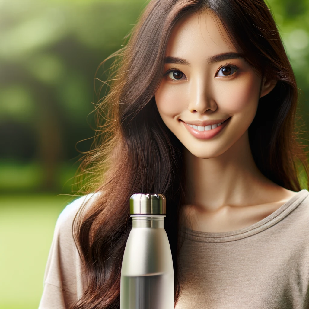 Asian woman with a soft, radiant smile holding a stainless steel water bottle, standing outdoors with a verdant green backdrop. Her healthy appearance and hydration emphasize important glow up tips for maintaining beauty and wellness.