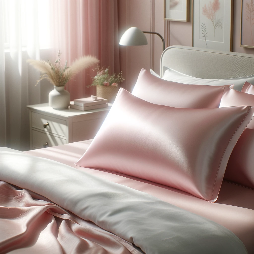 An elegant, blush-pink satin pillowcase on a neatly made bed in a softly lit room, representing the glow up tip of using silk or satin pillowcases to enhance skin and hair health during sleep.