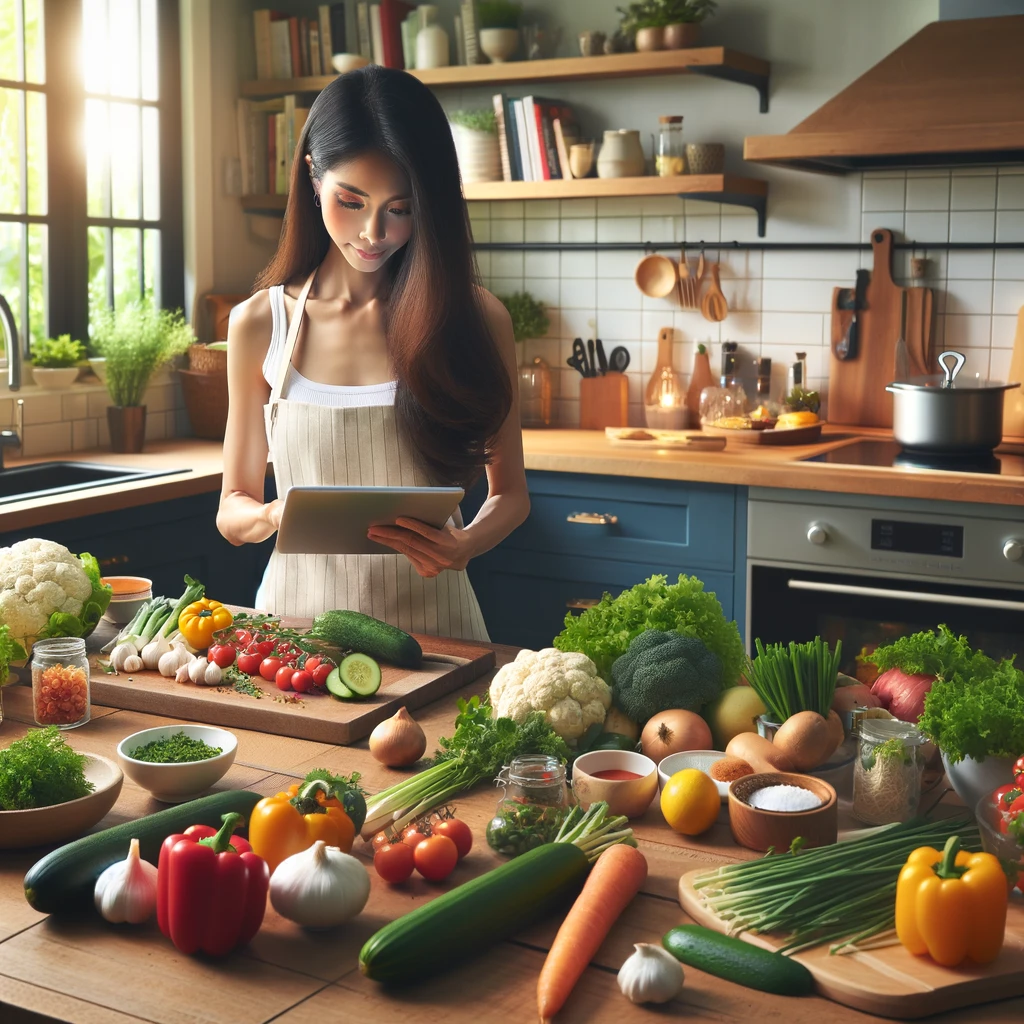 A woman engaged in self-care Saturday activities, standing in a sunny kitchen filled with an abundance of fresh vegetables and herbs spread across the counter, while she thoughtfully reads a recipe on her tablet, preparing for a nutritious cooking session.