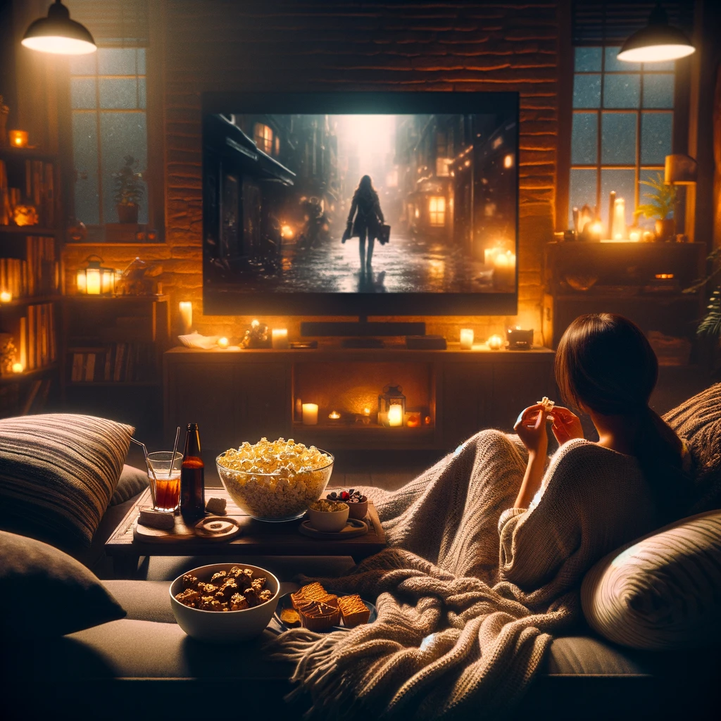 A cozy self-care Saturday evening in, with a person relaxing on a sofa under a knitted blanket, enjoying a movie on a large screen TV. The room glows warmly with candlelight, and snacks like popcorn and chocolate are within reach, creating a perfect setting for unwinding and indulgence.