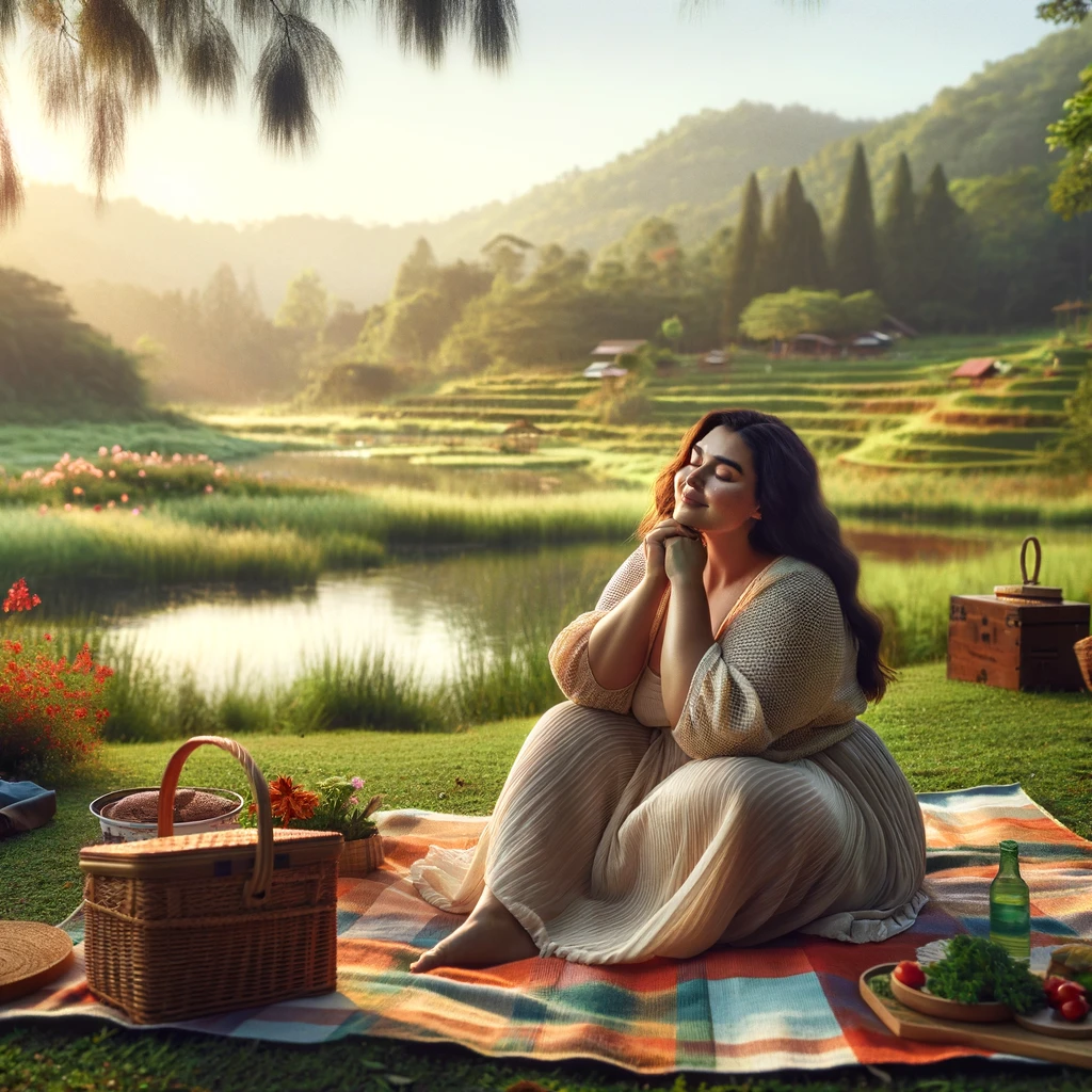 A serene self-care Saturday scene where a woman is seated on a colorful blanket in a lush green field, with a wicker picnic basket nearby and a tranquil lake in the background, all basking in the gentle light of a setting sun, embodying peacefulness and the joy of nature.