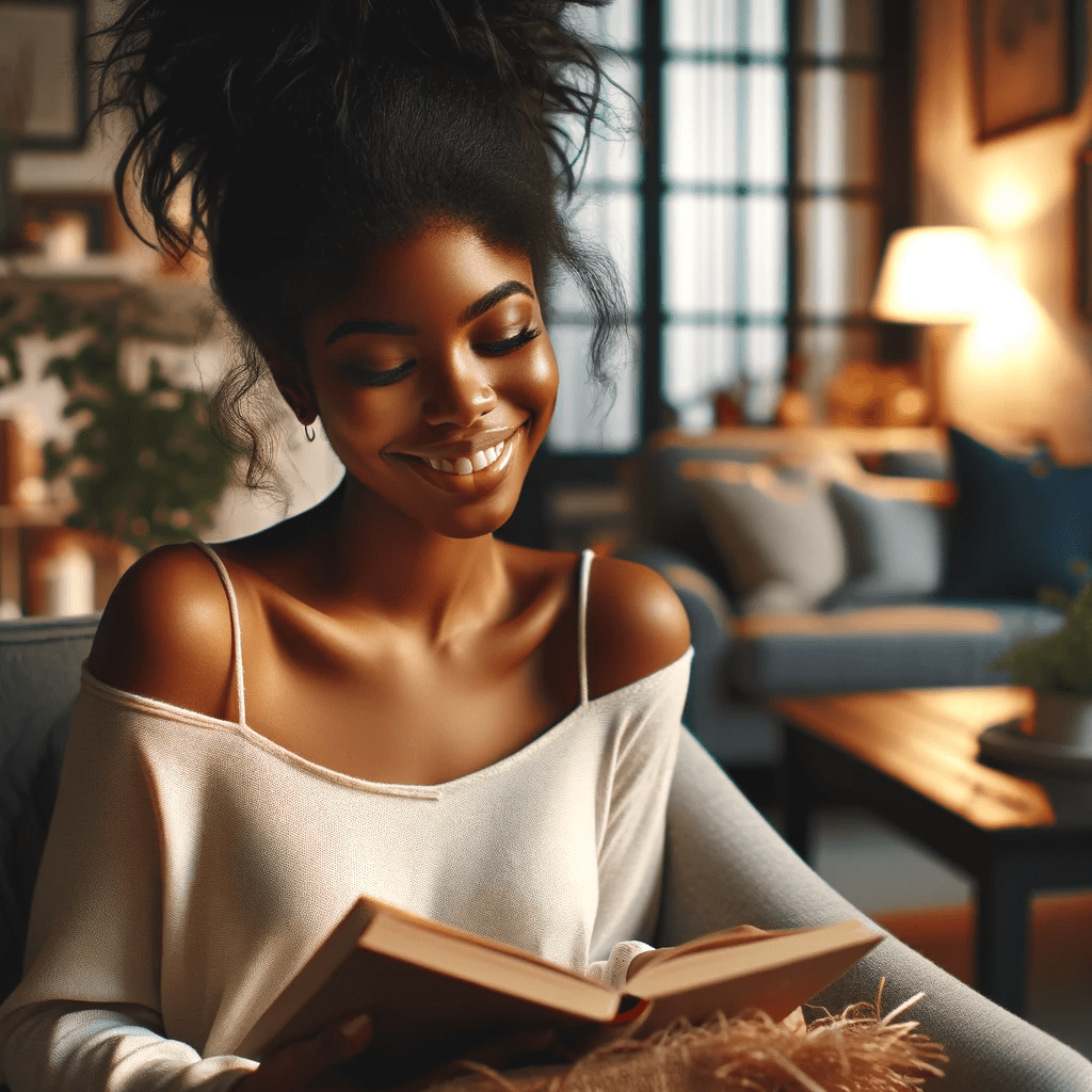 A radiant woman enjoys a self-care Saturday, comfortably seated with a book in a well-lit, cozy living room, her joyous expression reflecting the pleasure of a peaceful reading session.