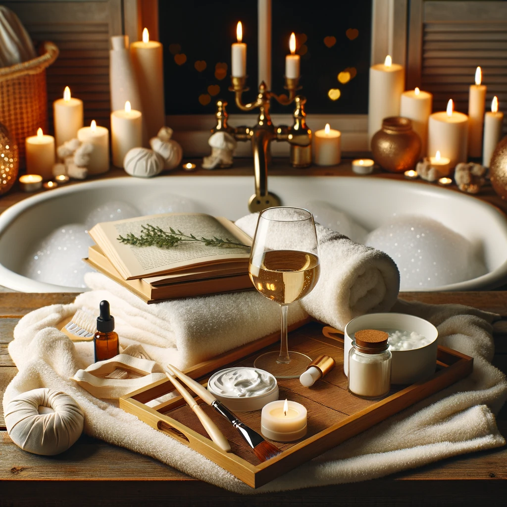 An inviting self-care Saturday setting featuring a bubble-filled bathtub, a wooden tray with skincare essentials, a glass of wine, a lit candle, plush towels, and an open book, all illuminated by the soft glow of multiple candles, creating a serene spa-like atmosphere at home.