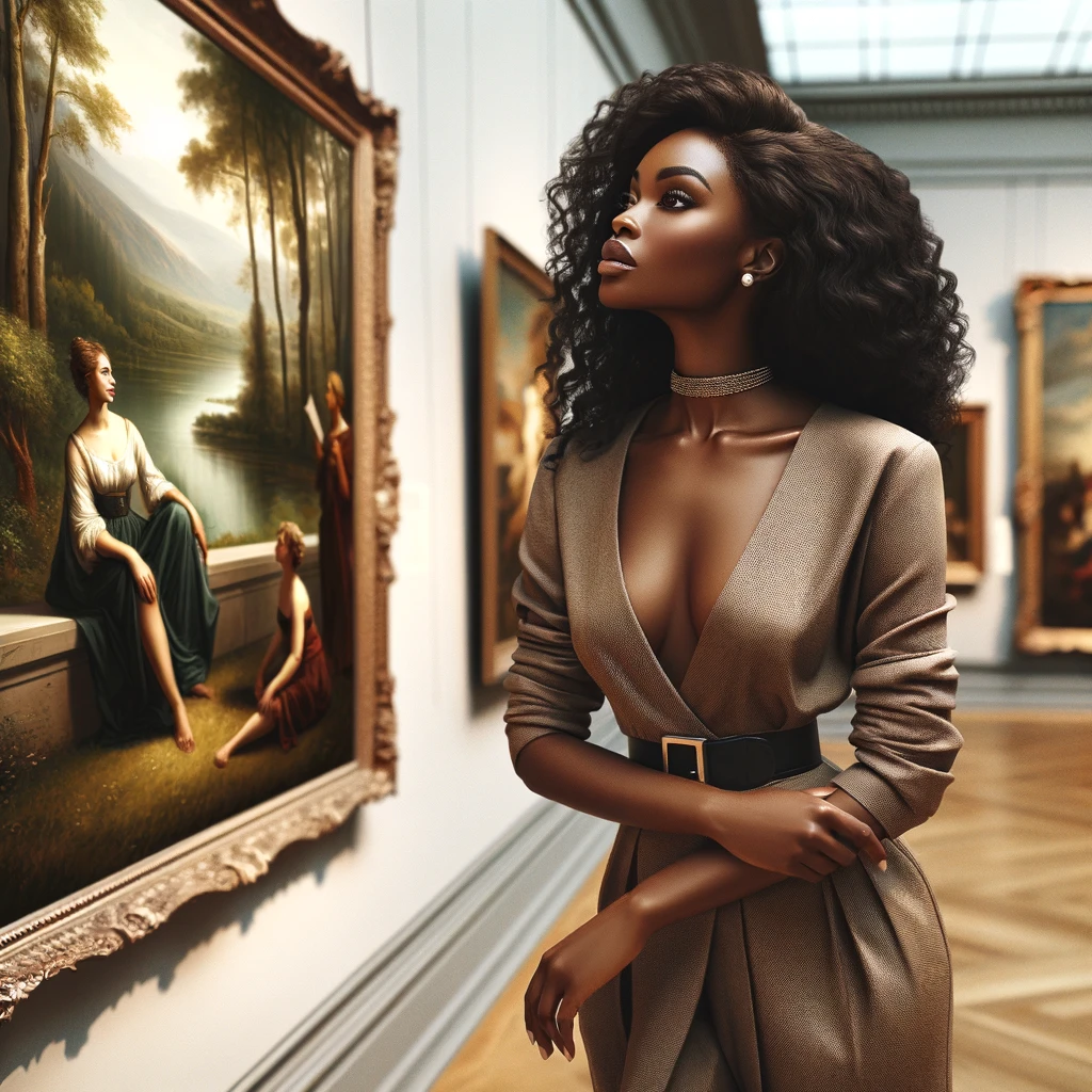 A stylish woman enjoys a self-care Saturday, admiring art in a gallery, her elegant brown dress complementing the classical paintings around her, illustrating a moment of cultural enrichment and personal indulgence.