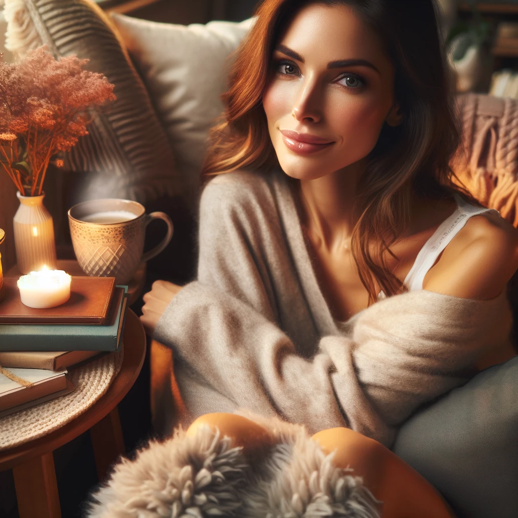 A woman enjoying a self-care Saturday, wrapped in a soft beige sweater and seated comfortably with a steaming cup of coffee and a lit candle on a side table, surrounded by cozy home decor, embodying relaxation and contentment.