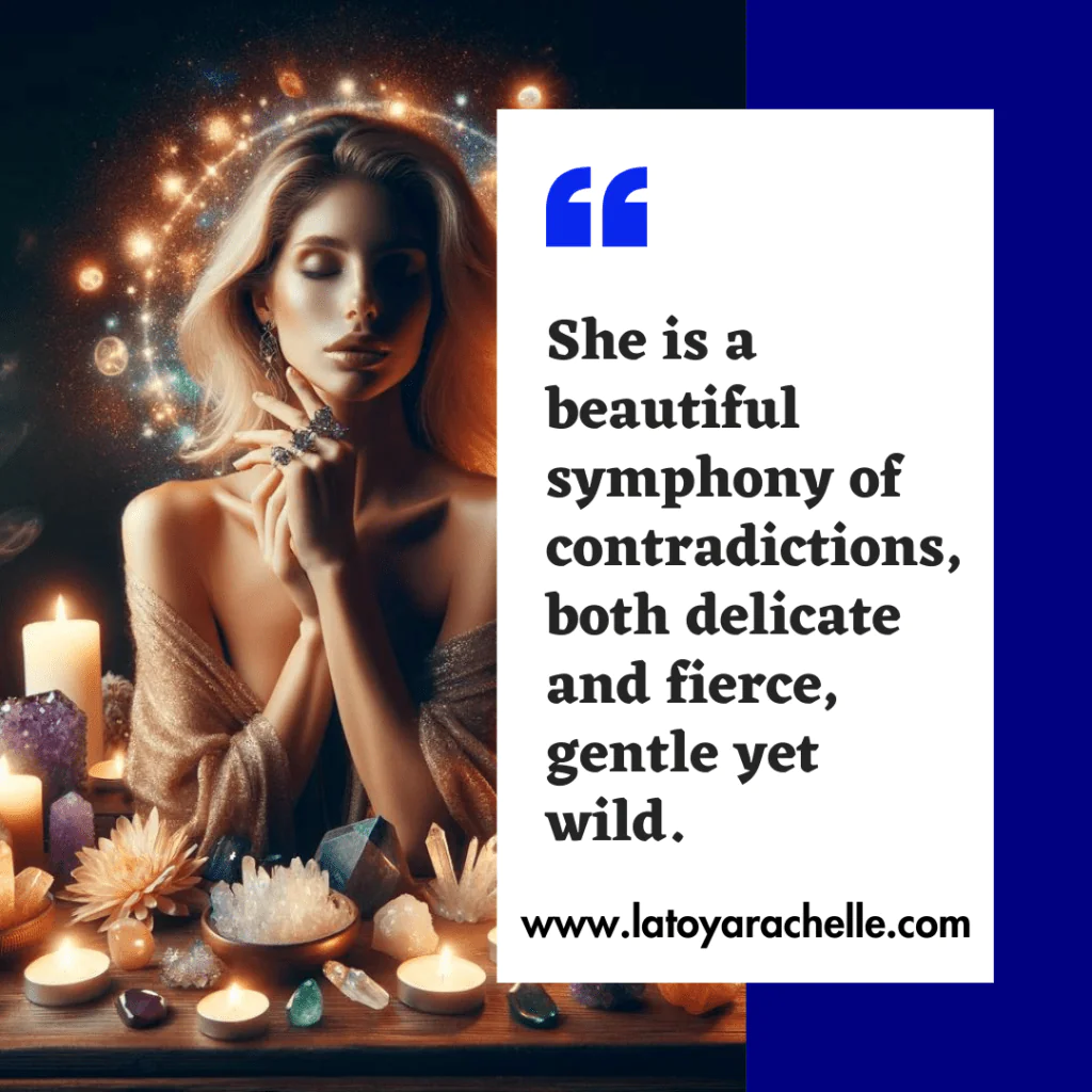 An ethereal woman with a backdrop of cosmic lights and surrounded by lit candles, crystals, and flowers, visualizing dark feminine energy. The image is paired with the quote: 'She is a beautiful symphony of contradictions, both delicate and fierce, gentle yet wild,' promoting contemplation on the shadow self