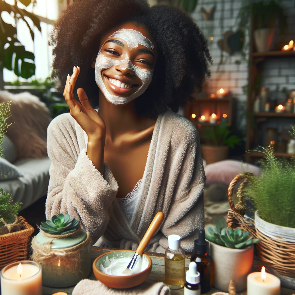 Joyful woman with a radiant smile applies a facial mask, surrounded by candles, skincare products, and lush houseplants. This image showcases a self-care moment, illustrating glow up tips centered around a consistent skincare routine for a luminous complexion.