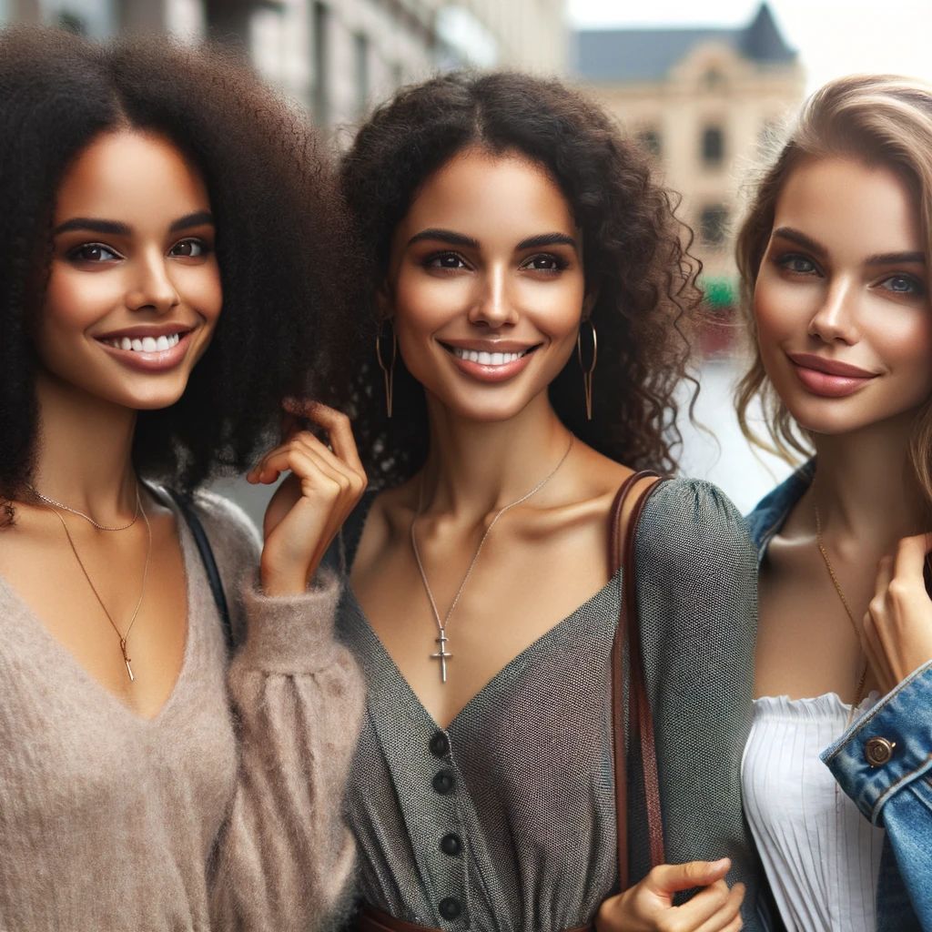 Three smiling women standing shoulder to shoulder, showcasing diverse beauty and radiant confidence, representing the glow up tip of surrounding oneself with positivity and uplifting company.