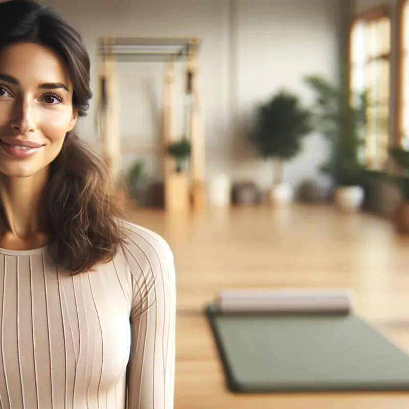 A smiling woman in a beige top standing in a spacious, sunlit Pilates studio with a Pilates mat and equipment in the background, representing a 'what is mat Pilates' theme.