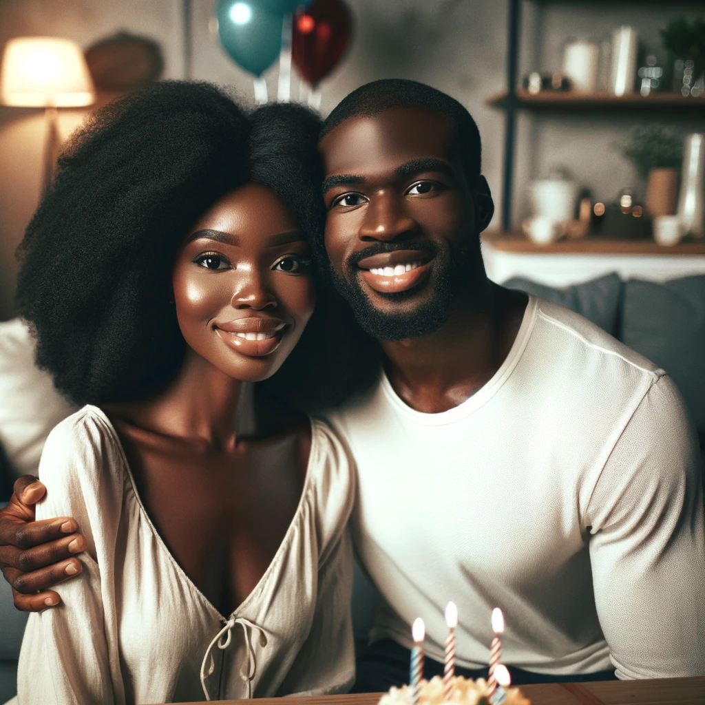 A joyful couple with a birthday cake featuring lit candles, the husband embracing his wife's shoulders. Both are smiling warmly, radiating happiness in a cozy, festive room with subtle party decorations in the background, reflecting a special celebration. Perfect for a post about cherishing a husband's birthday.