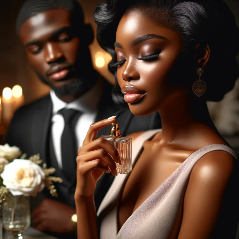 An elegant black couple at a candlelit setting, with the woman in a silky dress applying perfume from a clear bottle, conveying a sense of irresistible allure and sophistication, and the man in a sharp black suit admiring her with a gentle gaze, epitomizing the art of how to smell good all day