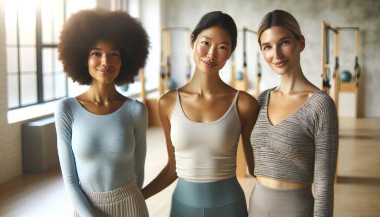 Three smiling women in a bright Pilates studio, showcasing the diversity and camaraderie among participants highlighting the benefits of Pilates for women's fitness and wellness.