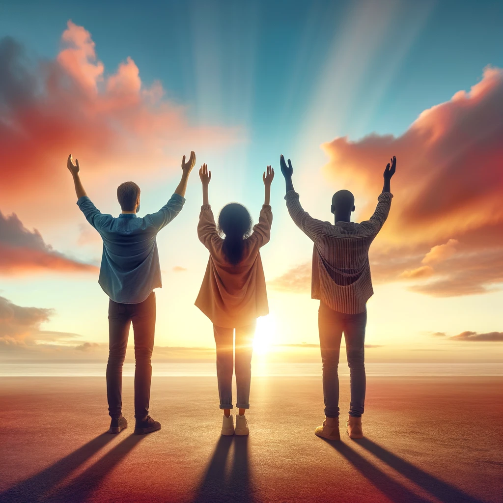 Three friends stand with their backs to the camera, arms raised in celebration towards the sky, as the sun sets, casting long shadows and bathing them in a radiant light. The scene embodies a moment of gratitude and joy, likely in celebration of a friend's birthday.