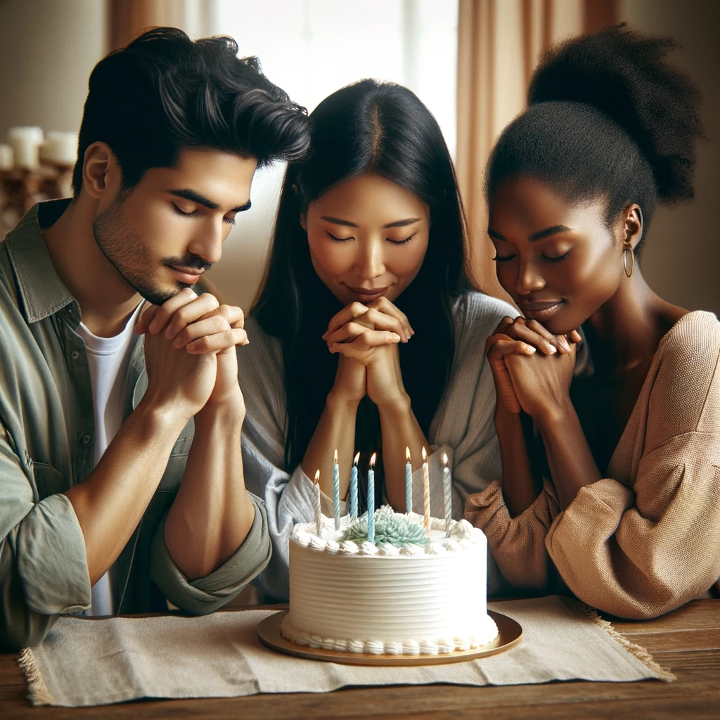 Three friends gather around a birthday cake with lit candles, eyes closed and hands clasped together in a moment of birthday prayer. The soft lighting enhances the intimate atmosphere of this heartfelt celebration.