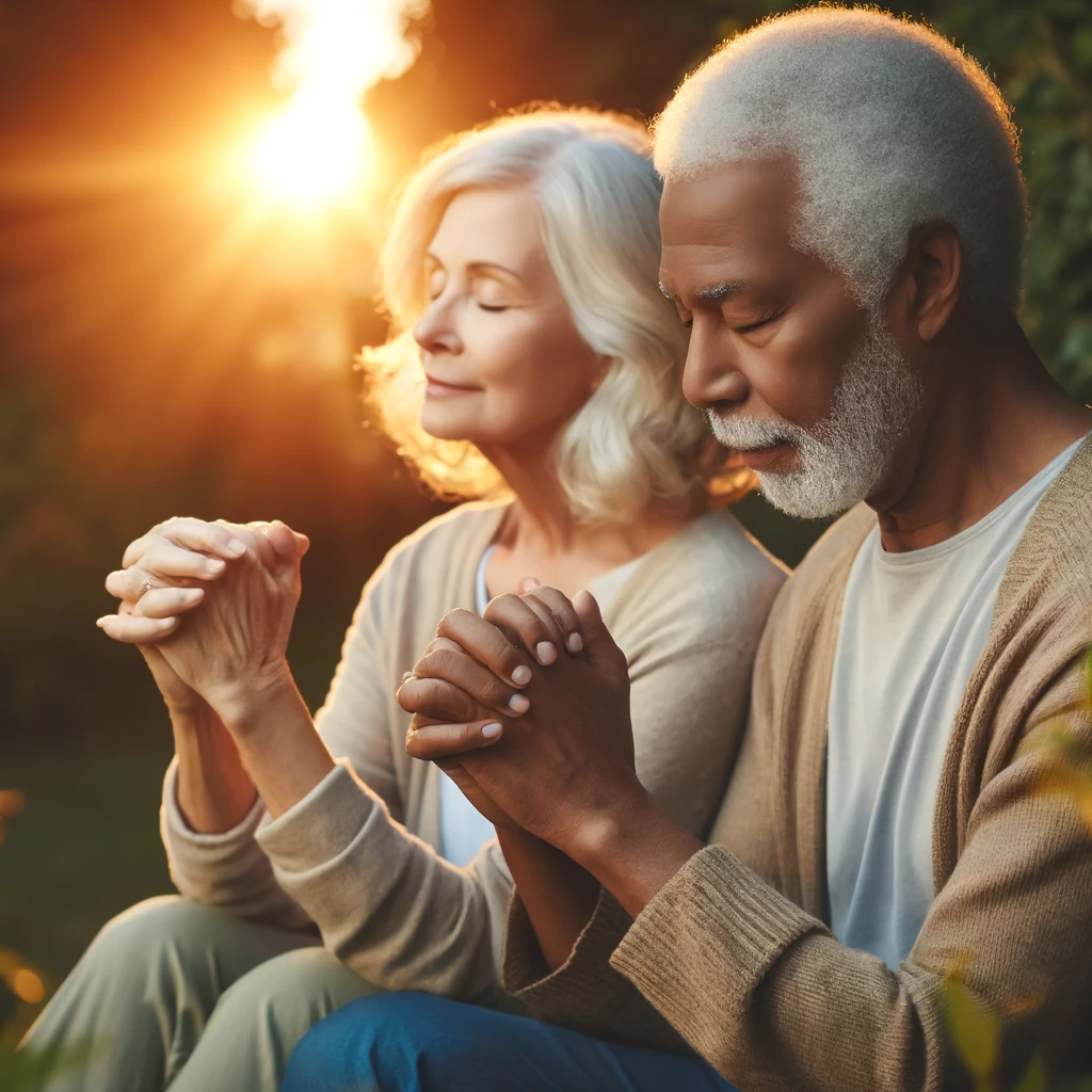 Two elderly friends sit closely, hands clasped in prayer, enveloped in the golden light of a setting sun that peeks through the trees. The serene expressions on their faces suggest a moment of deep reflection or prayer, possibly for health and wellness.