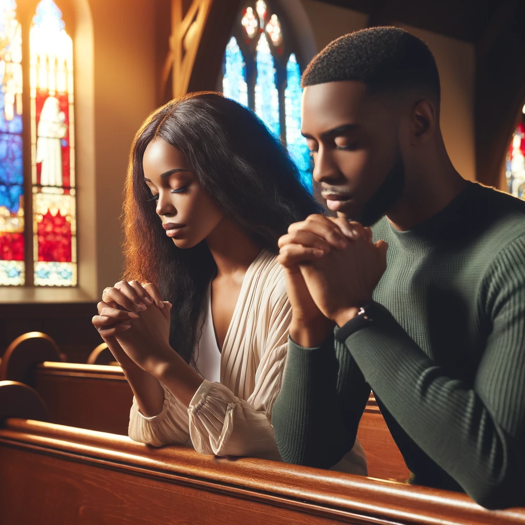 A husband and wife in thoughtful prayer, seated in a church pew with stained glass windows casting a colorful glow around them. This image embodies a moment of spiritual reflection, well-suited for content about a birthday prayer for your husband.